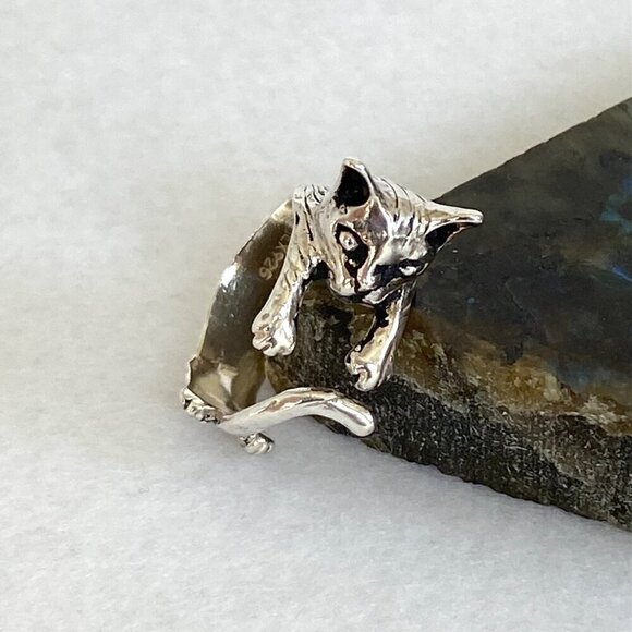 Sterling Silver 925 Adjustable 3D Cat Kitten Animal Wide Band Bypass Ring Sz 6 - Picture 6 of 16